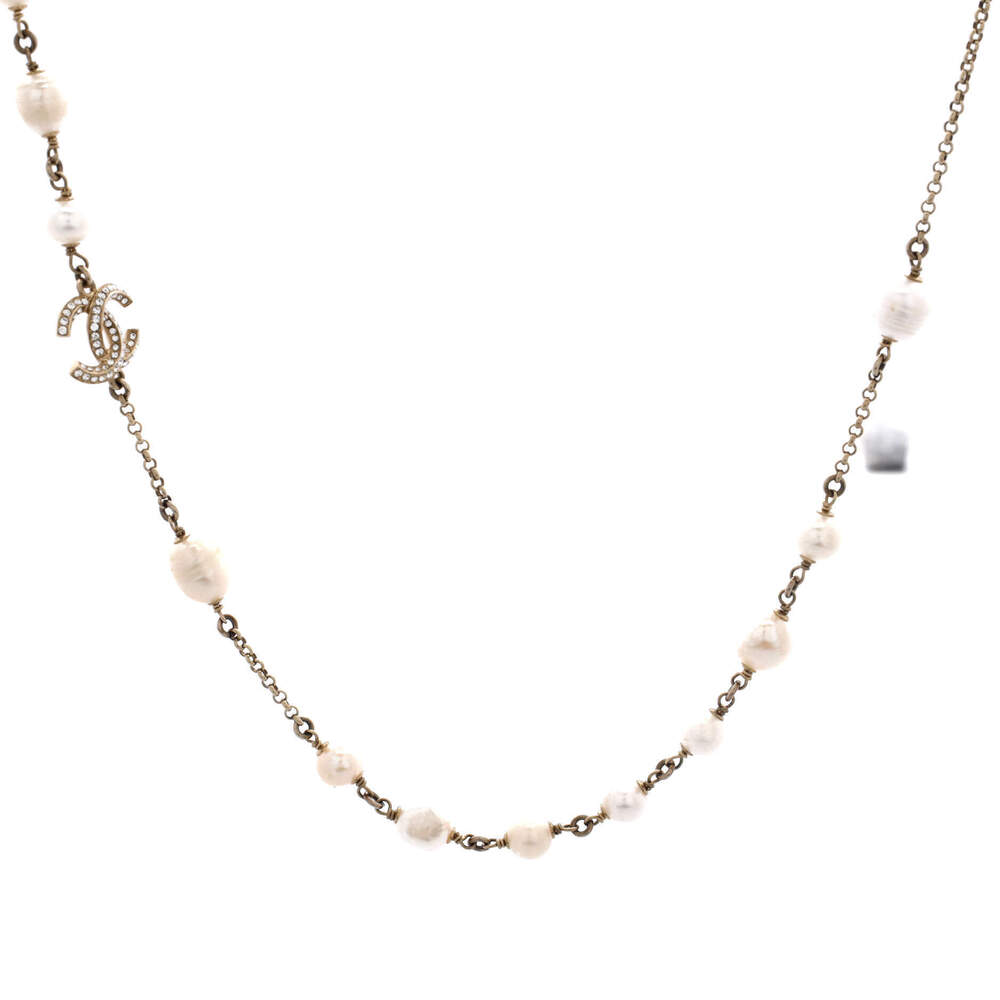 Chanel CC Station Long Necklace Metal with Faux Pearls, Beads, and Crystals